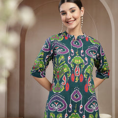 Stylum Women's Green Ikkat Printed Cotton A-Line Kurta (GREENFIN)