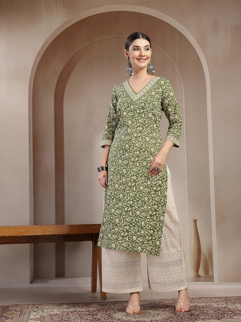 Stylum Women's Green Ethnic Printed Cotton Straight Kurta (GREENFRIES)