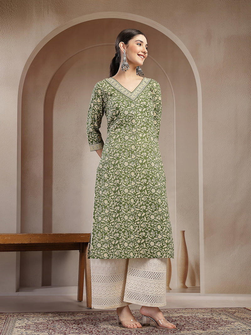 Stylum Women's Green Ethnic Printed Cotton Straight Kurta (GREENFRIES)