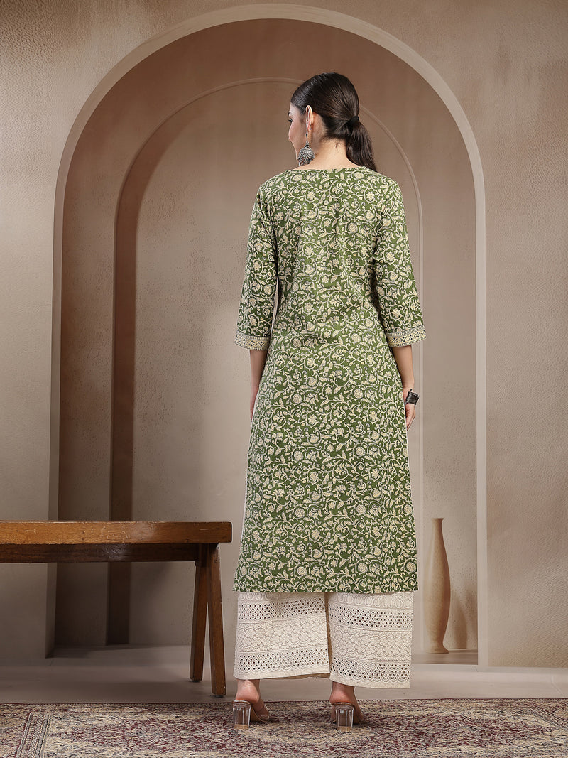 Stylum Women's Green Ethnic Printed Cotton Straight Kurta (GREENFRIES)