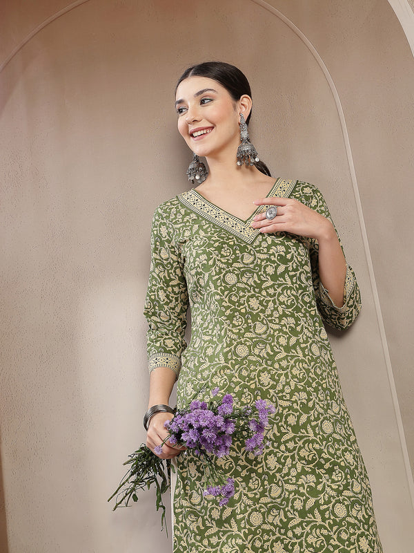 Stylum Women's Green Ethnic Printed Cotton Straight Kurta (GREENFRIES)