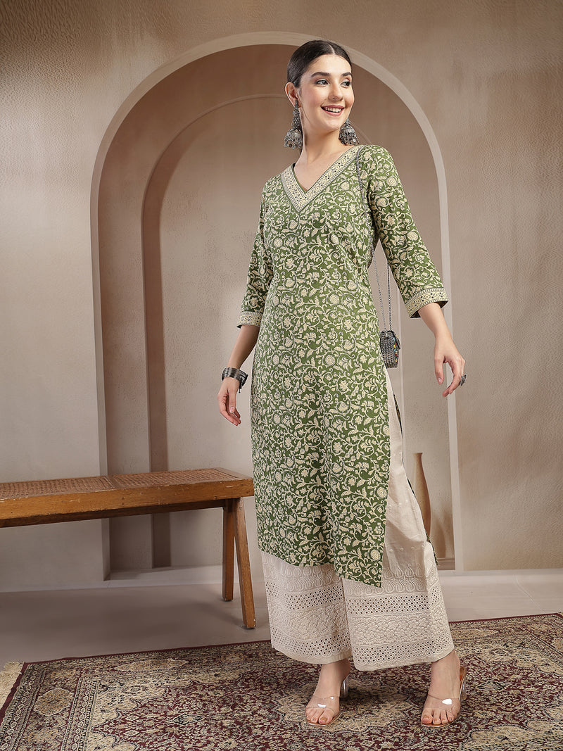 Stylum Women's Green Ethnic Printed Cotton Straight Kurta (GREENFRIES)