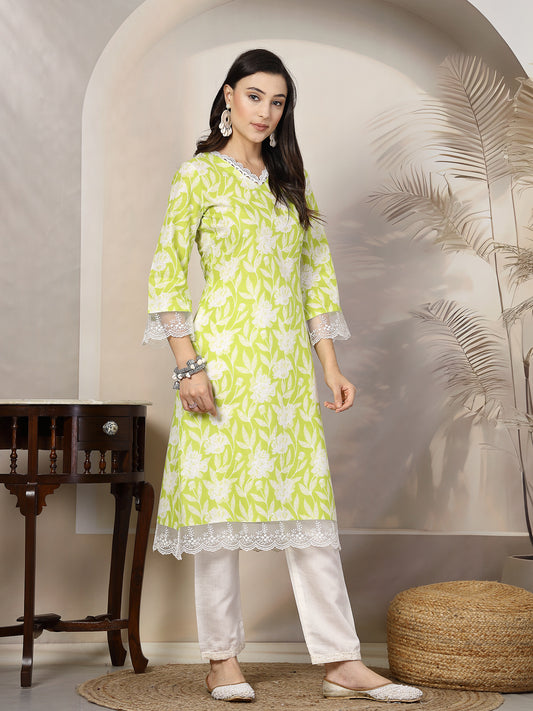 Stylum Women's Green Floral Printed Cotton Straight Kurta (GREENGALI)