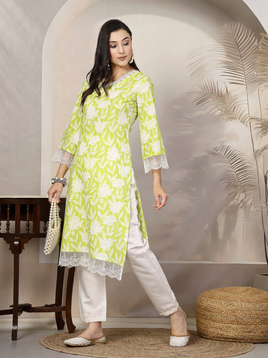 Stylum Women's Green Floral Printed Cotton Straight Kurta (GREENGALI)