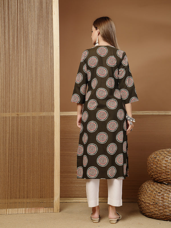 Stylum Women's Green Block Printed Cotton Straight Kurta (GREENGILD)