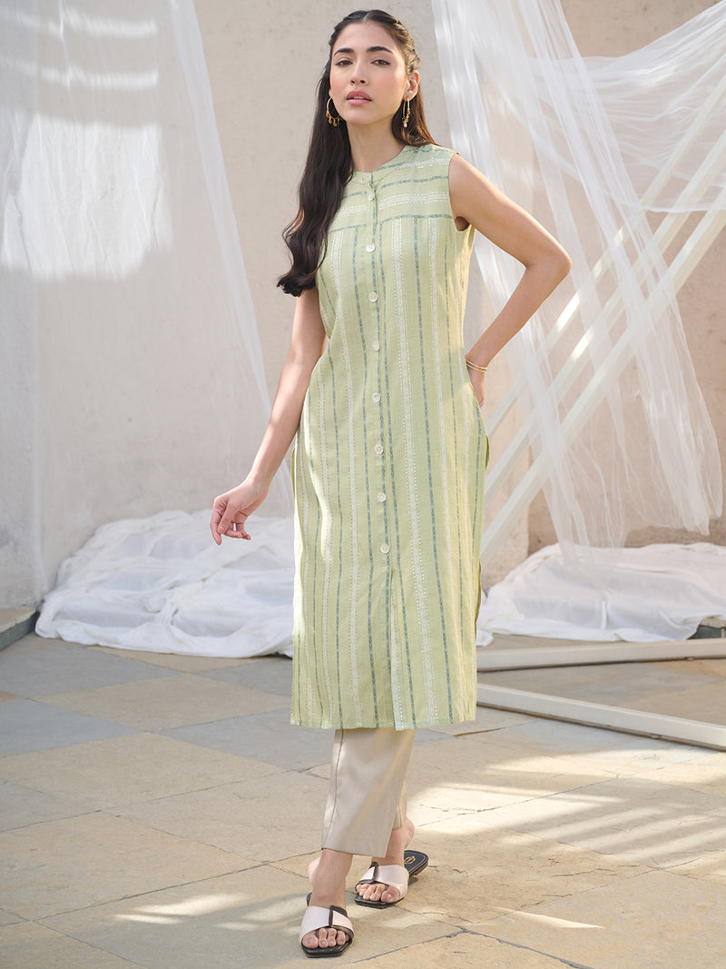 Stylum Women's Green Woven Design Cotton Blend Straight Kurta (GREENKULI)