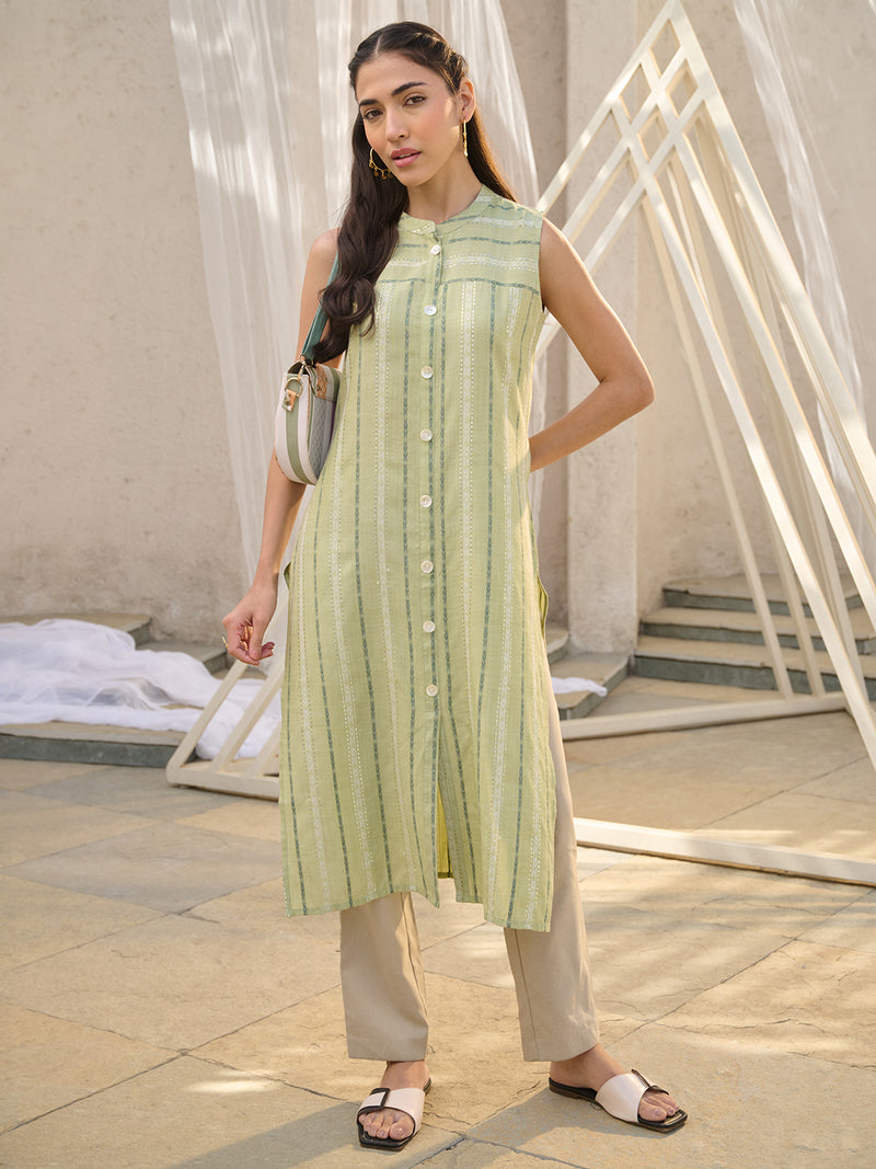 Stylum Women's Green Woven Design Cotton Blend Straight Kurta (GREENKULI)