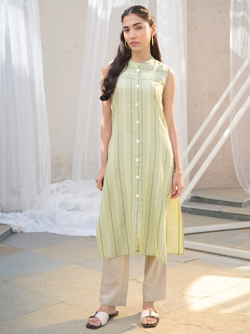 Stylum Women's Green Woven Design Cotton Blend Straight Kurta (GREENKULI)