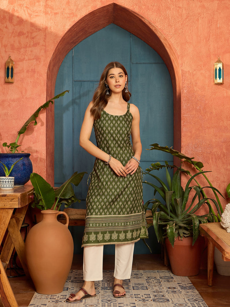 Stylum Women's Green Ethnic Motif Printed Rayon Straight Kurta (GREENRATAN)