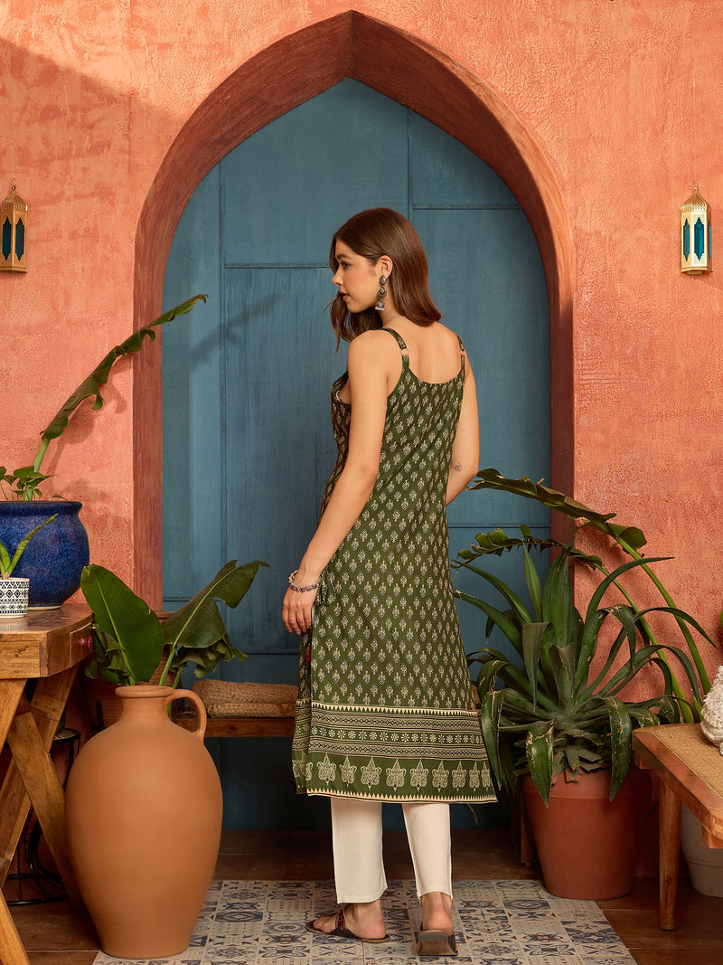 Stylum Women's Green Ethnic Motif Printed Rayon Straight Kurta (GREENRATAN)
