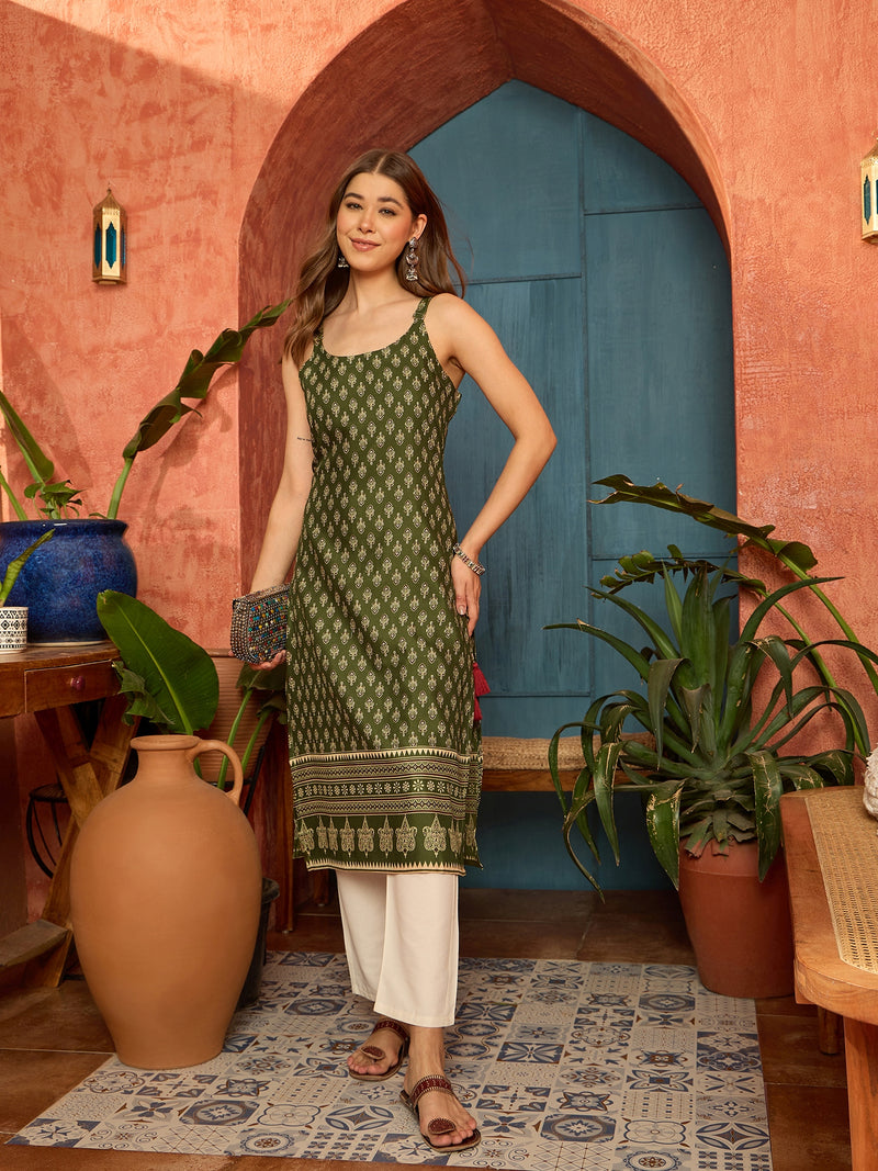 Stylum Women's Green Ethnic Motif Printed Rayon Straight Kurta (GREENRATAN)