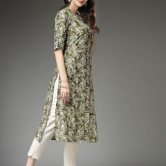 Green Cotton Blend A-Line Kurta