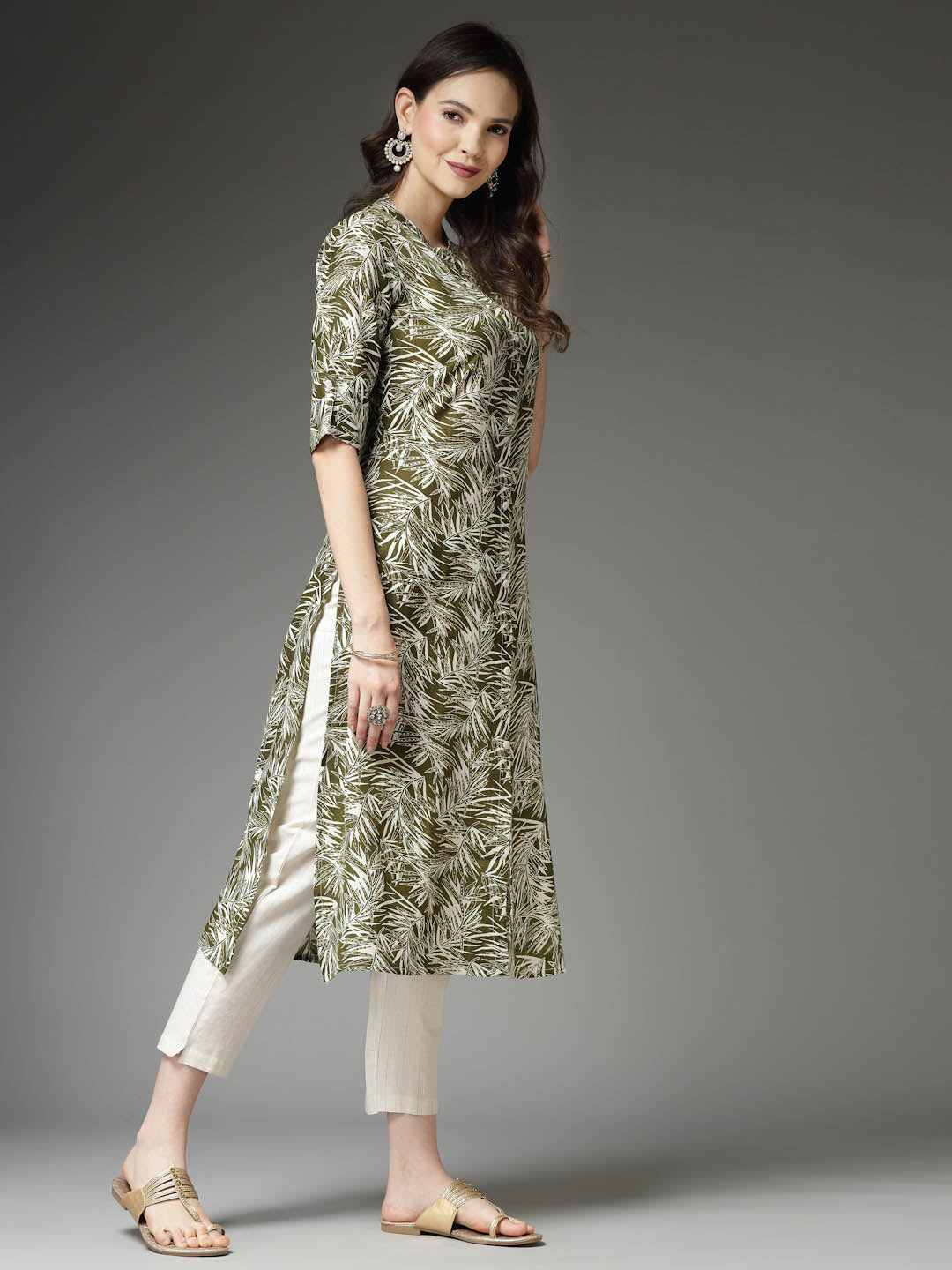 Green Cotton Blend A-Line Kurta