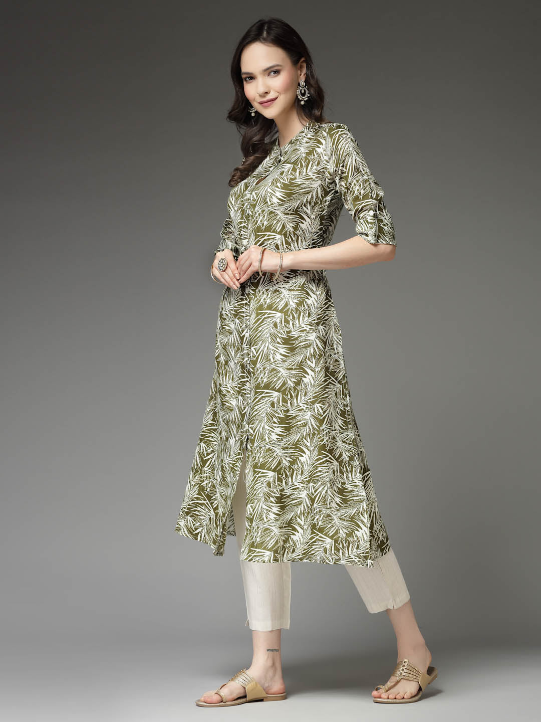 Green Cotton Blend A-Line Kurta