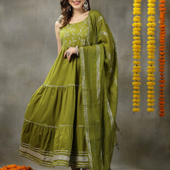 Stylum Women's Embroidered Cotton Tiered Kurta with Dupatta (GREENZINGLE)