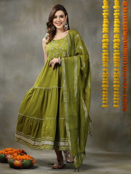 Stylum Women's Embroidered Cotton Tiered Kurta with Dupatta (GREENZINGLE)