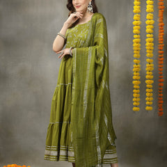 Stylum Women's Embroidered Cotton Tiered Kurta with Dupatta (GREENZINGLE)