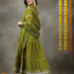 Stylum Women's Embroidered Cotton Tiered Kurta with Dupatta (GREENZINGLE)