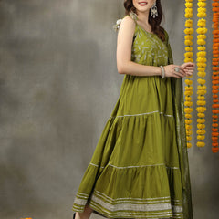 Stylum Women's Embroidered Cotton Tiered Kurta with Dupatta (GREENZINGLE)