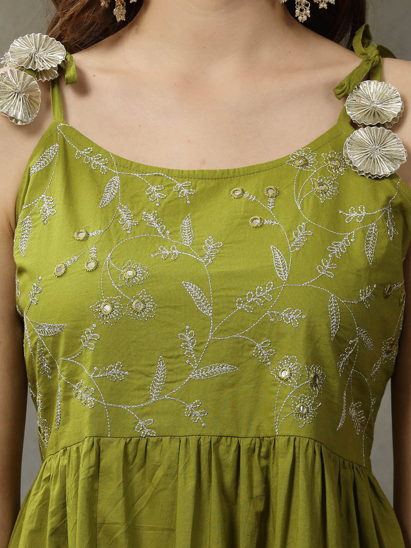 Stylum Women's Embroidered Cotton Tiered Kurta with Dupatta (GREENZINGLE)