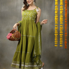 Stylum Women's Embroidered Cotton Tiered Kurta with Dupatta (GREENZINGLE)