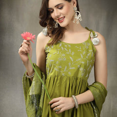 Stylum Women's Embroidered Cotton Tiered Kurta with Dupatta (GREENZINGLE)