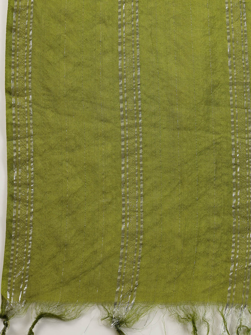 Stylum Women's Embroidered Cotton Tiered Kurta with Dupatta (GREENZINGLE)