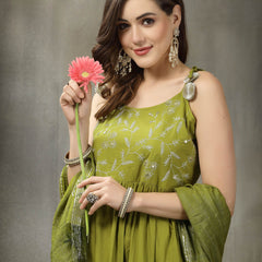 Stylum Women's Embroidered Cotton Tiered Kurta with Dupatta (GREENZINGLE)