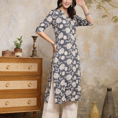 Stylum Women's Grey Floral Printed Rayon Straight Kurta (GREYLAVA)