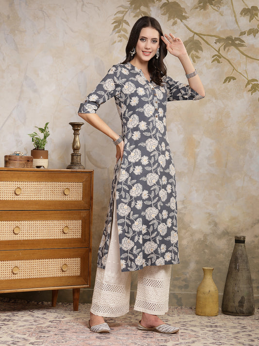 Stylum Women's Grey Floral Printed Rayon Straight Kurta (GREYLAVA)