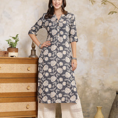Stylum Women's Grey Floral Printed Rayon Straight Kurta (GREYLAVA)