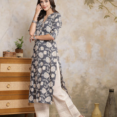 Stylum Women's Grey Floral Printed Rayon Straight Kurta (GREYLAVA)