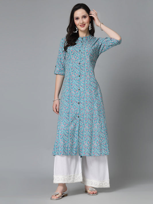 Stylum Women's Floral Printed Cotton A-Line Kurta (GUMBADTURQ)