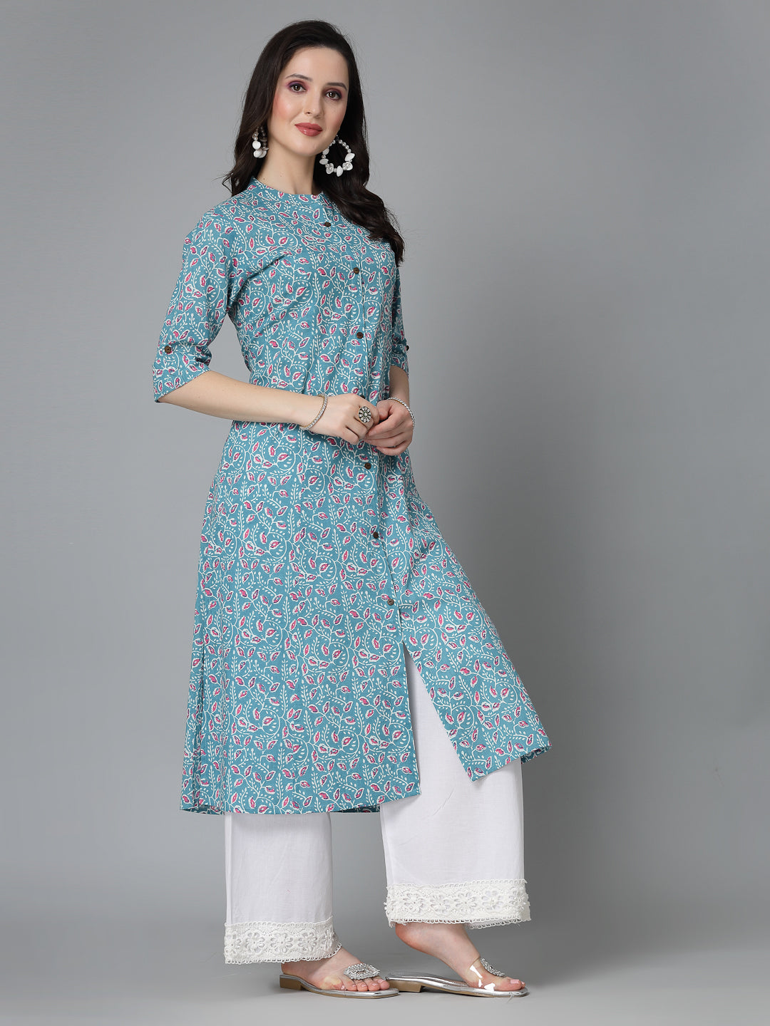 Stylum Women's Floral Printed Cotton A-Line Kurta (GUMBADTURQ)