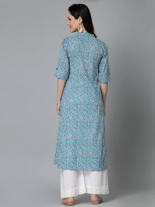 Stylum Women's Floral Printed Cotton A-Line Kurta (GUMBADTURQ)