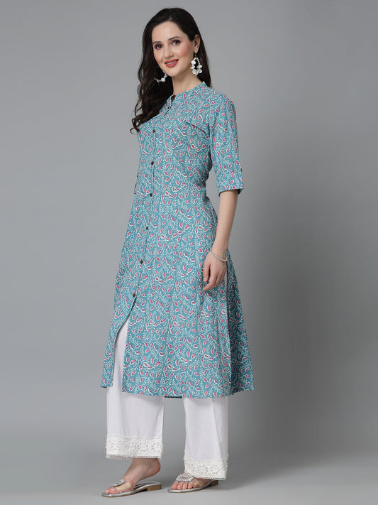 Stylum Women's Floral Printed Cotton A-Line Kurta (GUMBADTURQ)