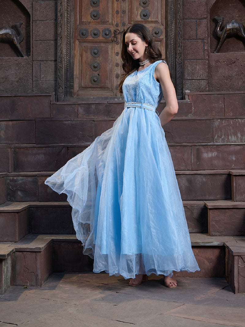 Stylum Women's Sky Blue Solid & Embroidered Party Wear Satin Gown (GWSKYNAYRA)