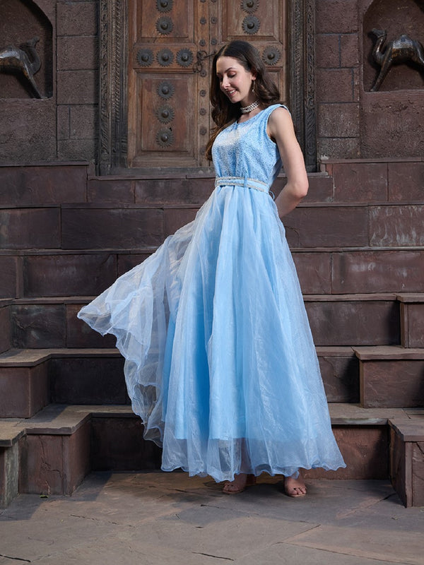 Stylum Women's Sky Blue Solid & Embroidered Party Wear Satin Gown (GWSKYNAYRA)