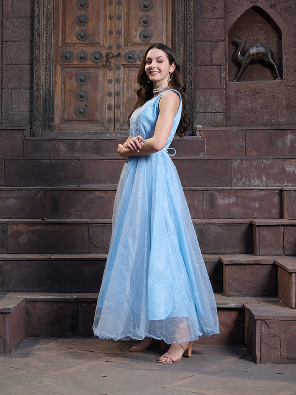 Stylum Women's Sky Blue Solid & Embroidered Party Wear Satin Gown (GWSKYNAYRA)