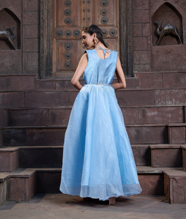 Stylum Women's Sky Blue Solid & Embroidered Party Wear Satin Gown (GWSKYNAYRA)