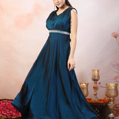 Stylum Women's Teal Solid Party Wear Satin Gown (GWTEALRIWAZ)