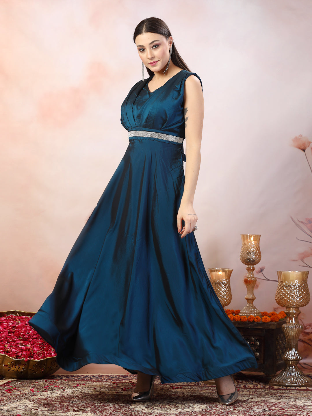 Stylum Women's Teal Solid Party Wear Satin Gown (GWTEALRIWAZ)