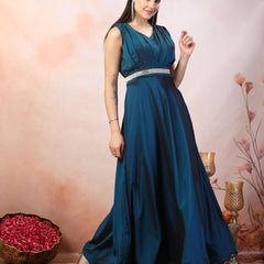 Stylum Women's Teal Solid Party Wear Satin Gown (GWTEALRIWAZ)