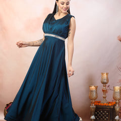 Stylum Women's Teal Solid Party Wear Satin Gown (GWTEALRIWAZ)