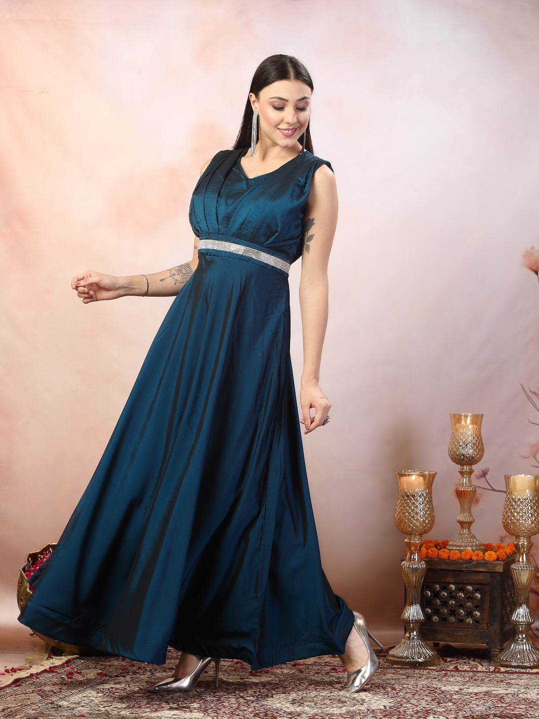 Stylum Women's Teal Solid Party Wear Satin Gown (GWTEALRIWAZ)