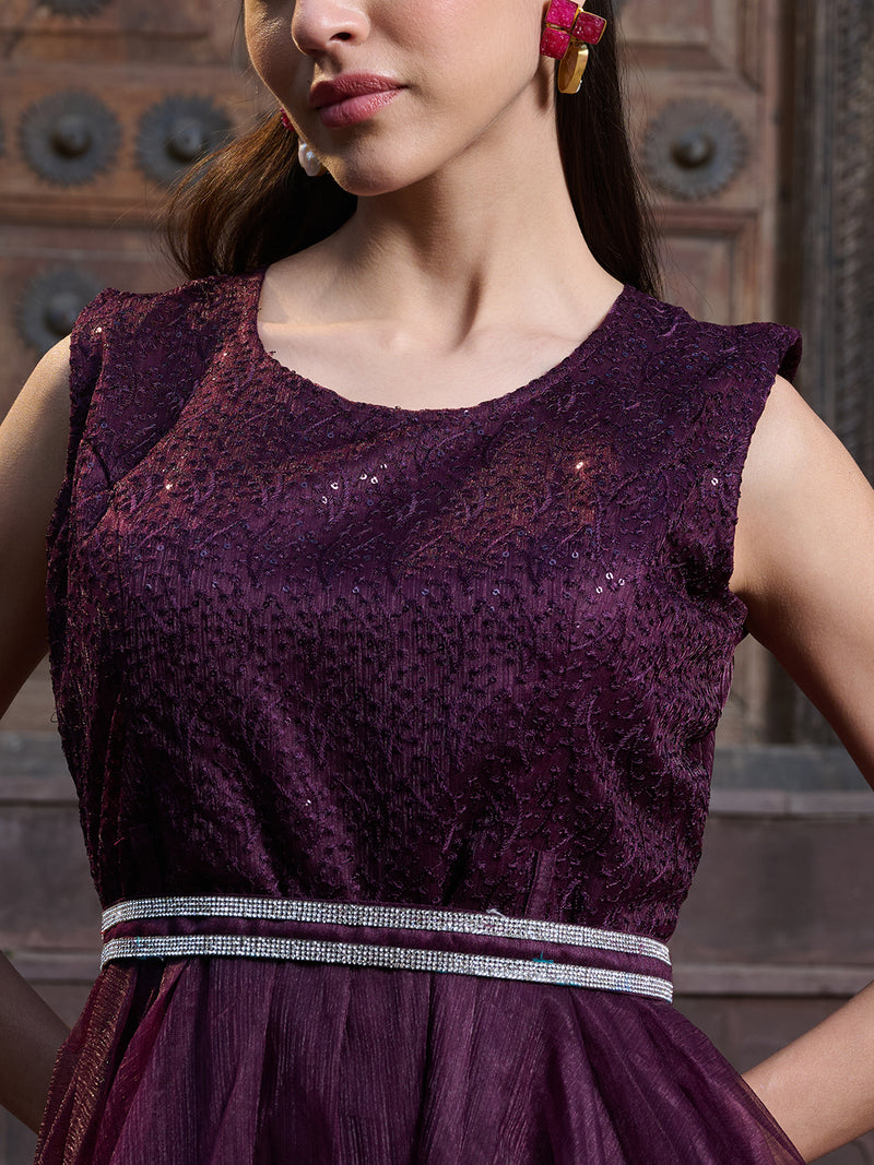 Stylum Women's Wine Solid & Embroidered Party Wear Satin Gown (GWWINENAYRA)