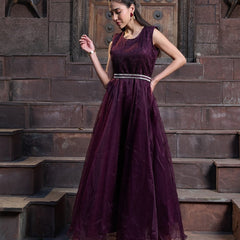 Stylum Women's Wine Solid & Embroidered Party Wear Satin Gown (GWWINENAYRA)