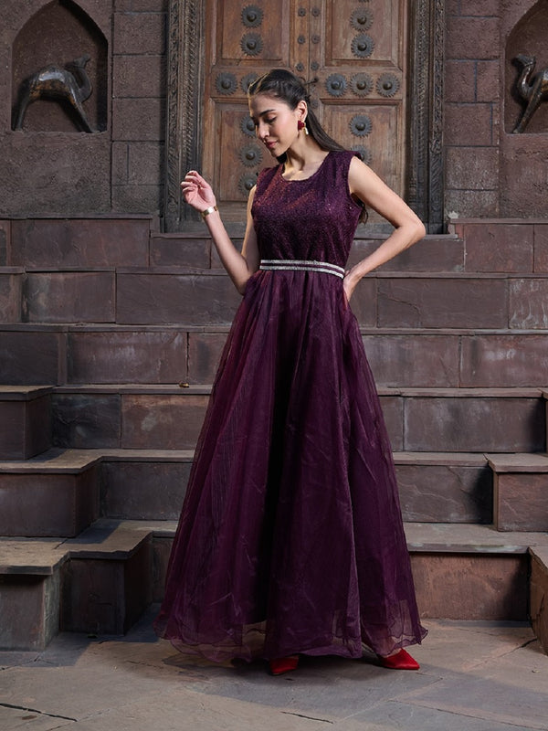 Stylum Women's Wine Solid & Embroidered Party Wear Satin Gown (GWWINENAYRA)