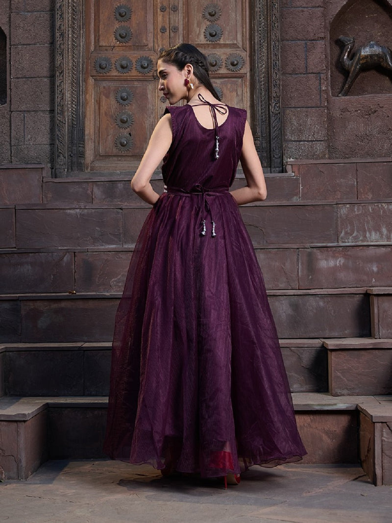 Stylum Women's Wine Solid & Embroidered Party Wear Satin Gown (GWWINENAYRA)