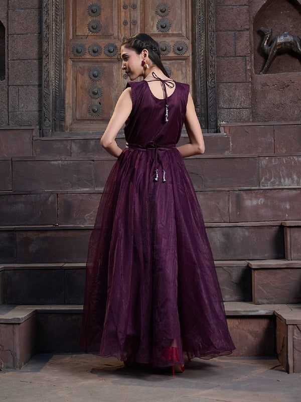 Stylum Women's Wine Solid & Embroidered Party Wear Satin Gown (GWWINENAYRA)